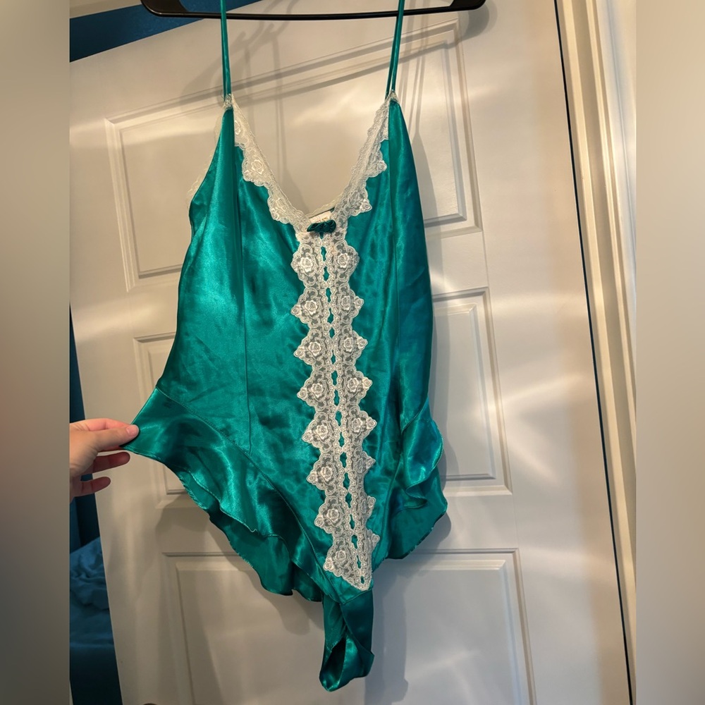 Vintage Victoria's Secret Teal Satin Chemise with Lace